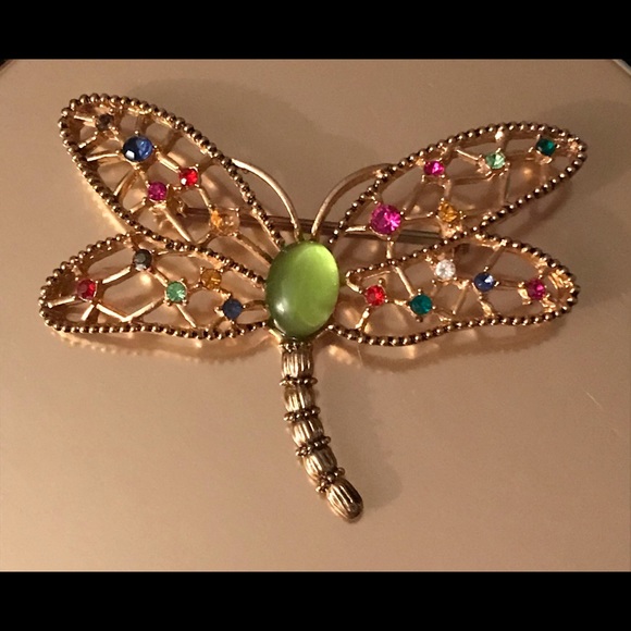 Vintage Goldtone Multi Gem Dragonfly Brooch - Picture 3 of 6